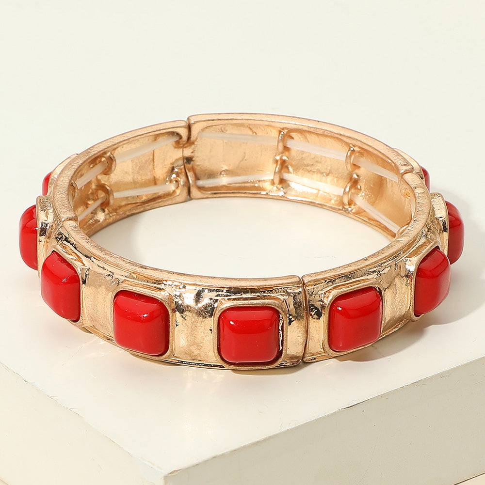Madeline Love Red Square Bead Embellished Hammered Metal Stretch Bracelet - Bracelets