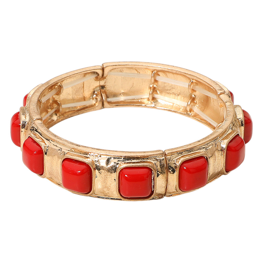 Madeline Love Red Square Bead Embellished Hammered Metal Stretch Bracelet - Bracelets - desc