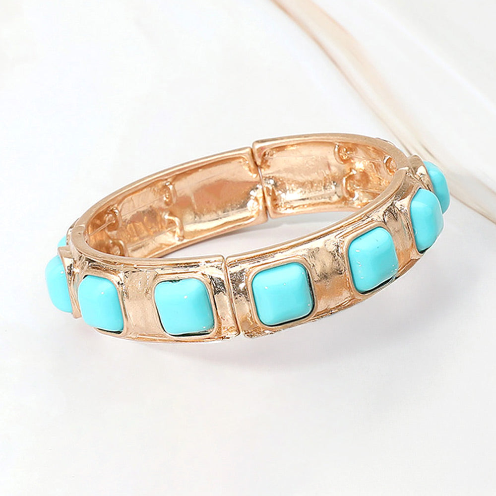 Madeline Love Turquoise Square Bead Embellished Hammered Metal Stretch Bracelet - Bracelets