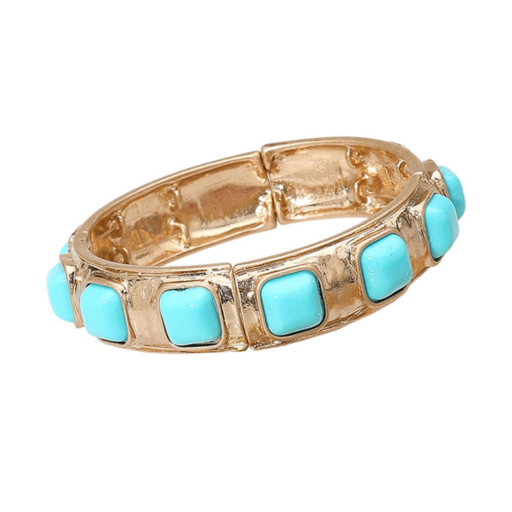 Madeline Love Turquoise Square Bead Embellished Hammered Metal Stretch Bracelet - Bracelets - desc