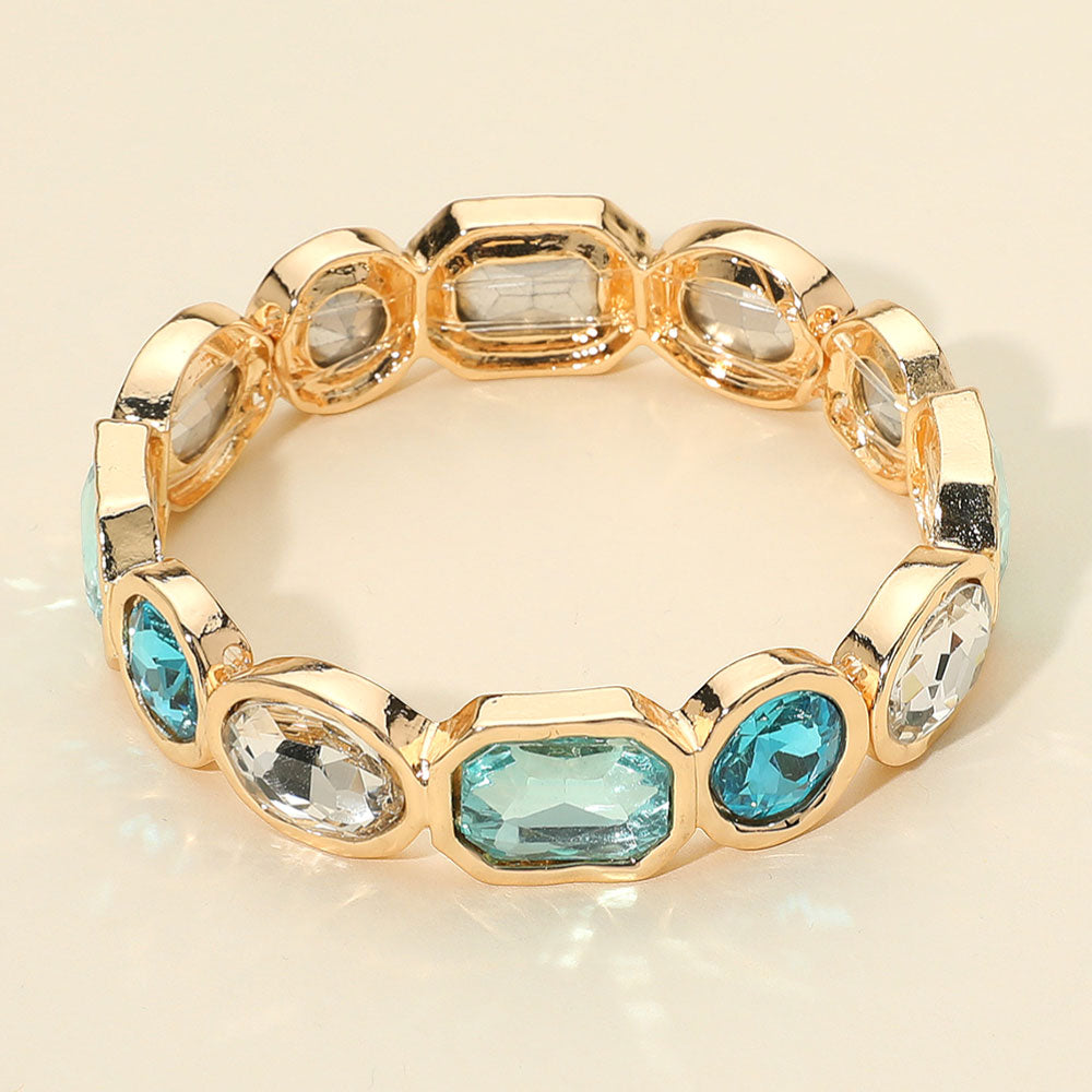 Madeline Love Aqua Oval Emerald Cut Stone Accented Stretch Bracelet