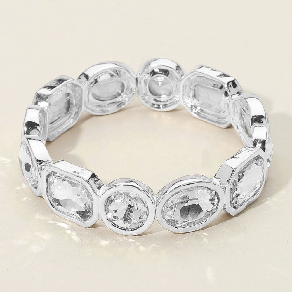 Madeline Love Rhodium Oval Emerald Cut Stone Accented Stretch Bracelet