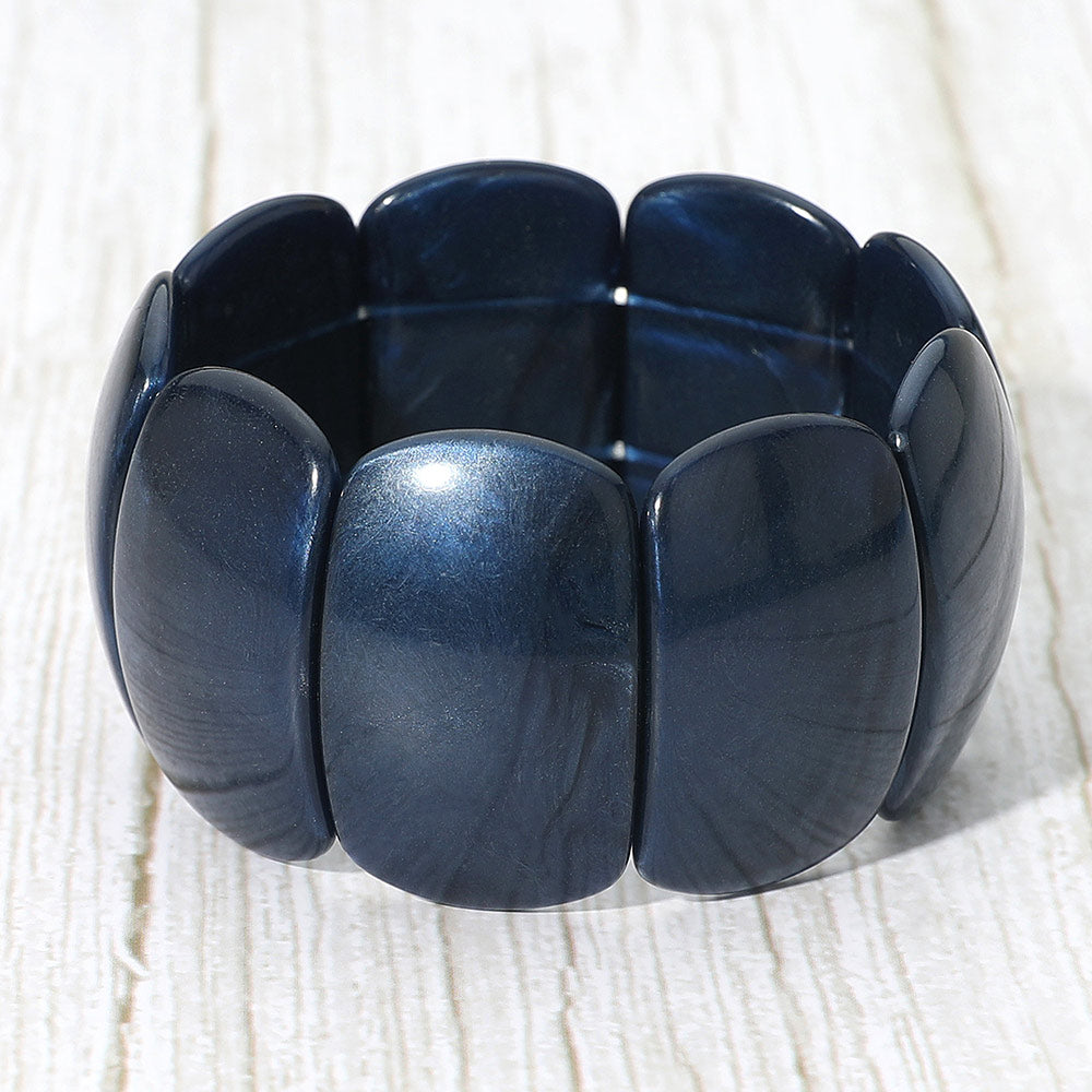 Madeline Love Navy Bold Resin Wide Rectangular Panel Beaded Stretch Bracelet - Bracelets