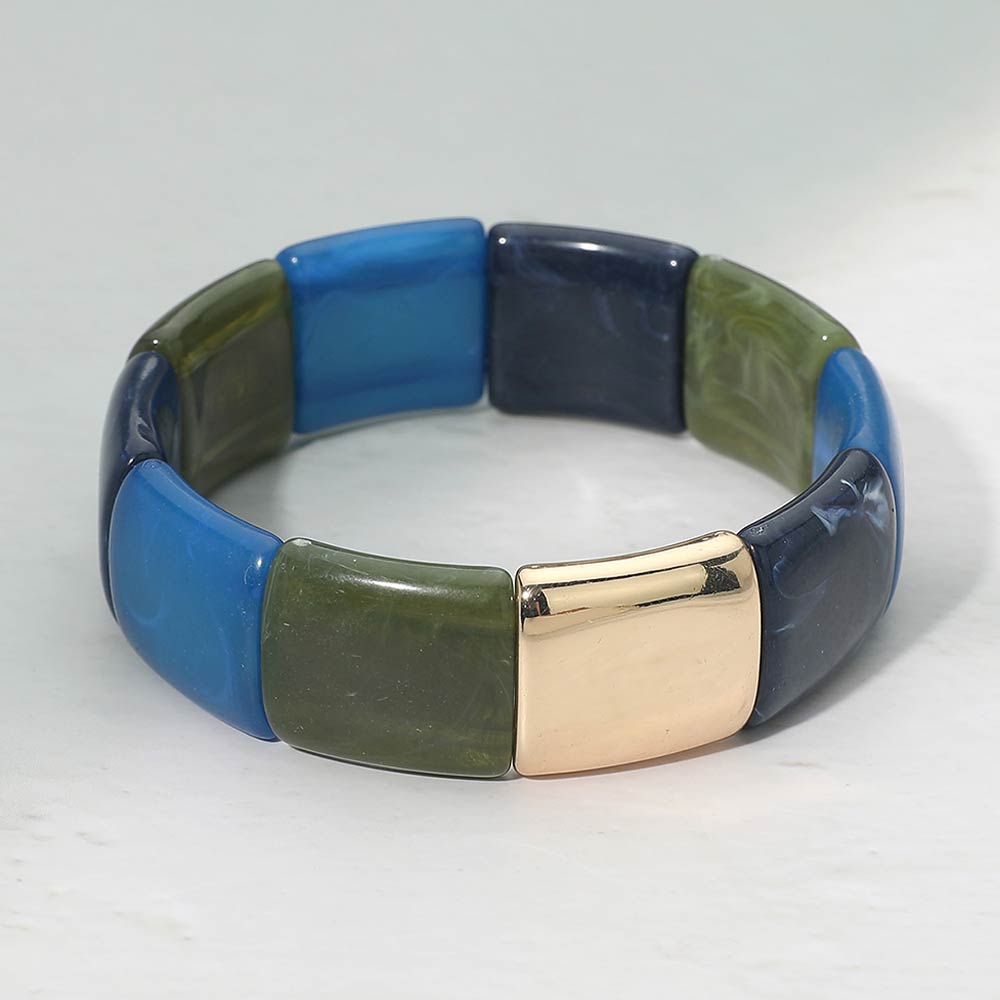 Madeline Love Blue Geometric Marbled Resin Tile Beaded Stretch Bracelet - Bracelets