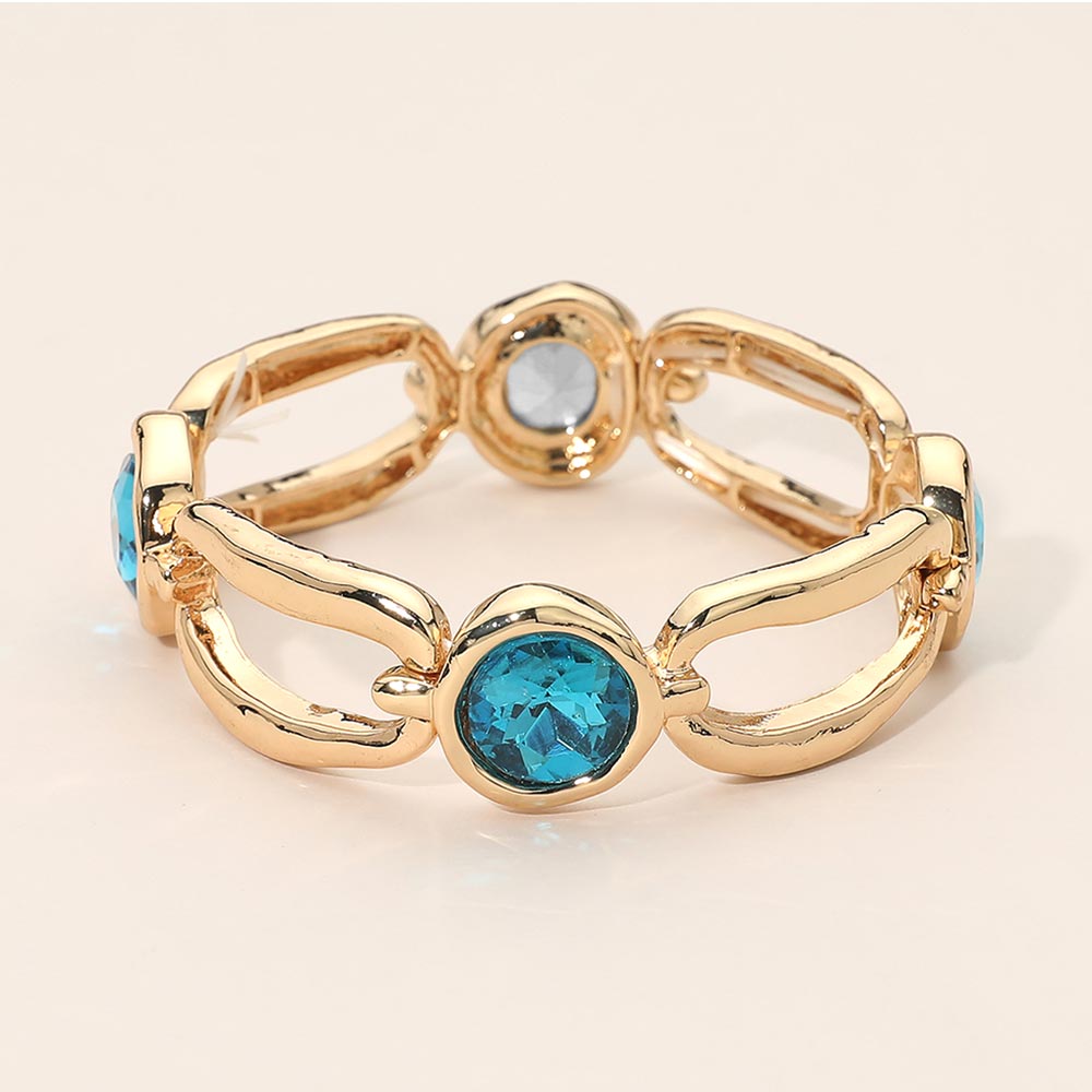 Madeline Love Aqua Round Crystal Hammered Metal Open Oval Stretch Bracelet