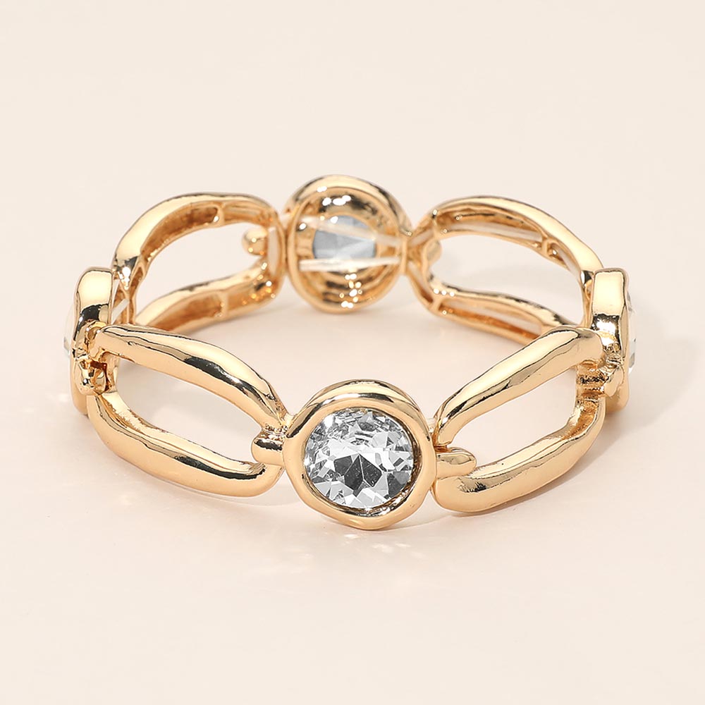 Madeline Love Clear Round Crystal Hammered Metal Open Oval Stretch Bracelet
