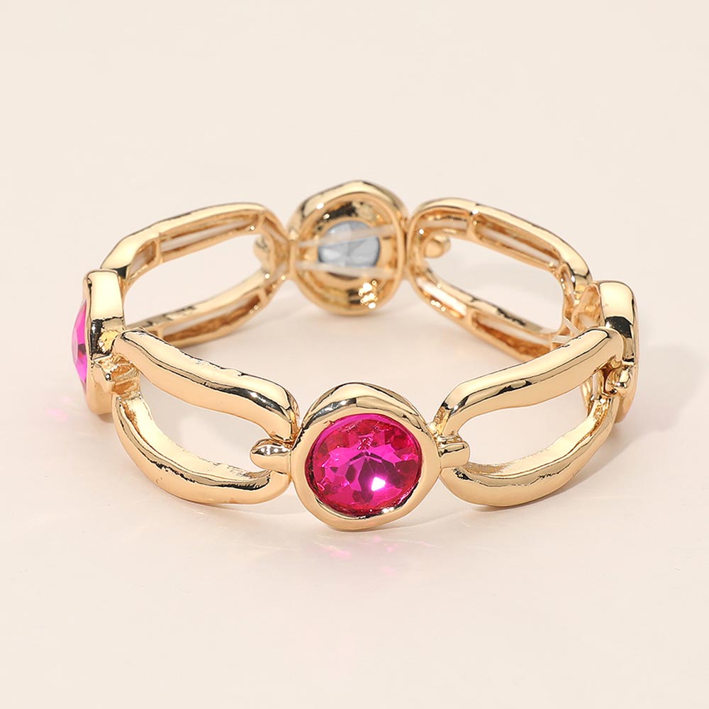 Madeline Love Fuchsia Round Crystal Hammered Metal Open Oval Stretch Bracelet