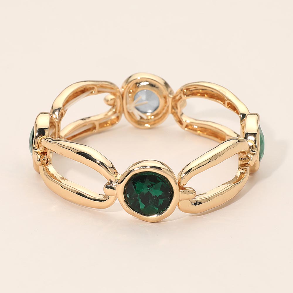 Madeline Love Green Round Crystal Hammered Metal Open Oval Stretch Bracelet