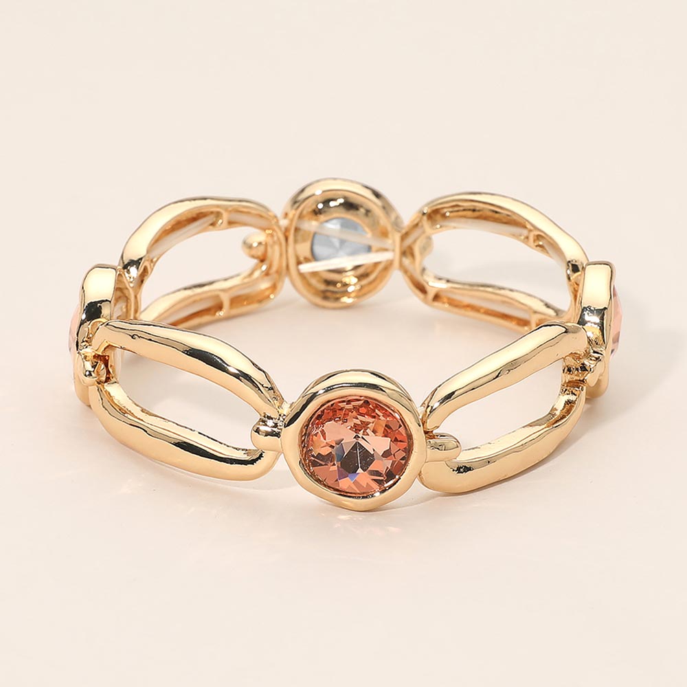 Madeline Love Peach Round Crystal Hammered Metal Open Oval Stretch Bracelet