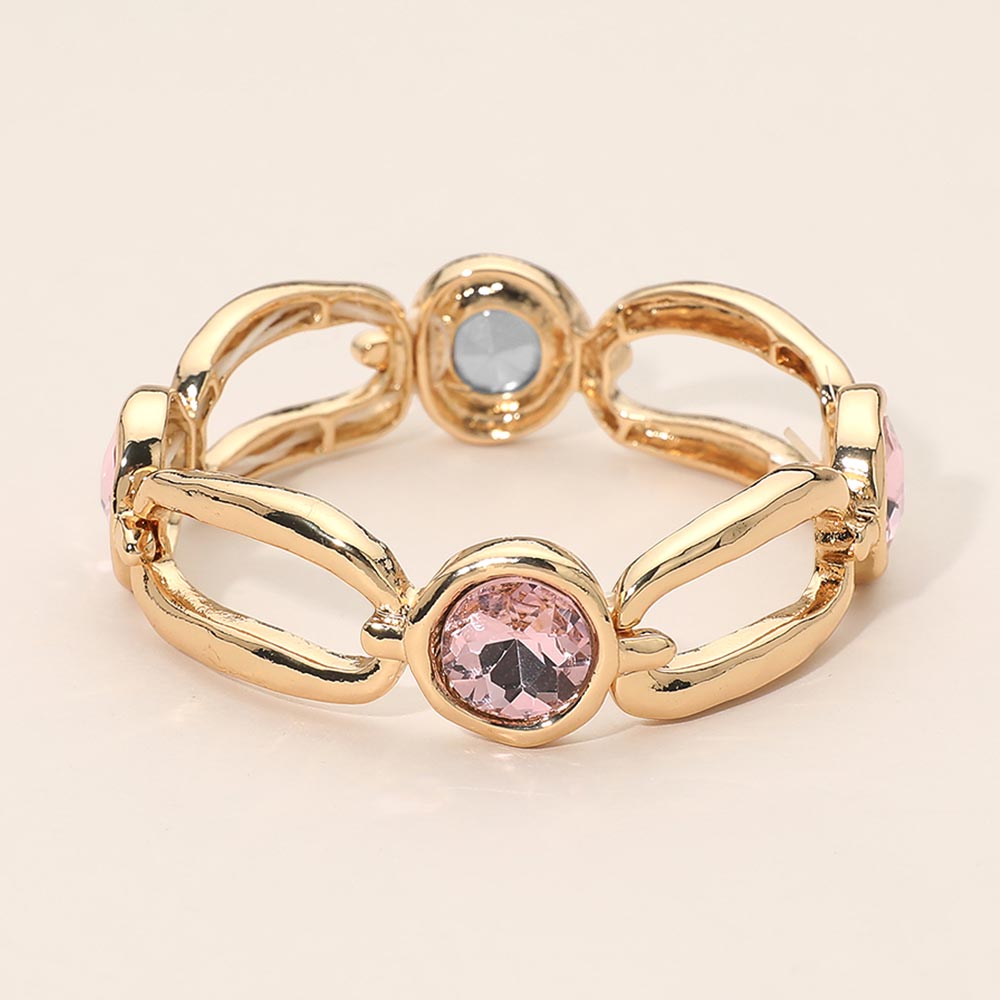 Madeline Love Pink Round Crystal Hammered Metal Open Oval Stretch Bracelet
