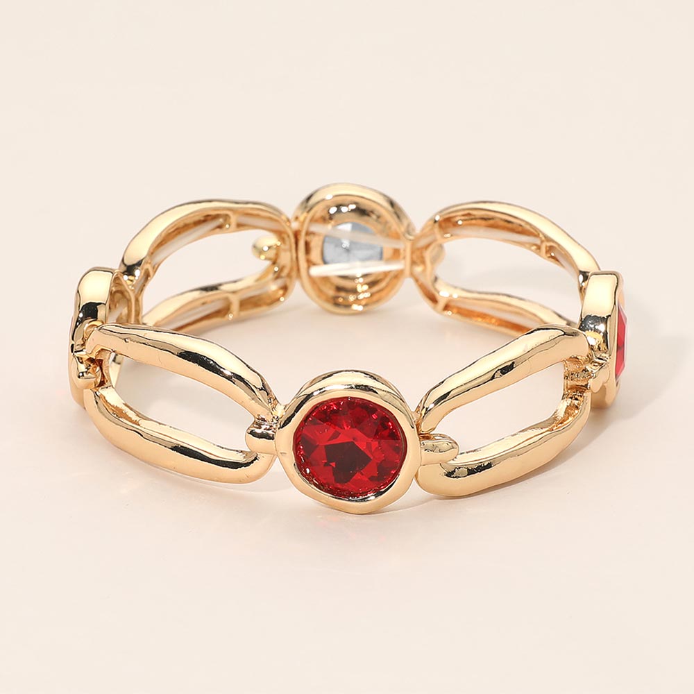 Madeline Love Red Round Crystal Hammered Metal Open Oval Stretch Bracelet