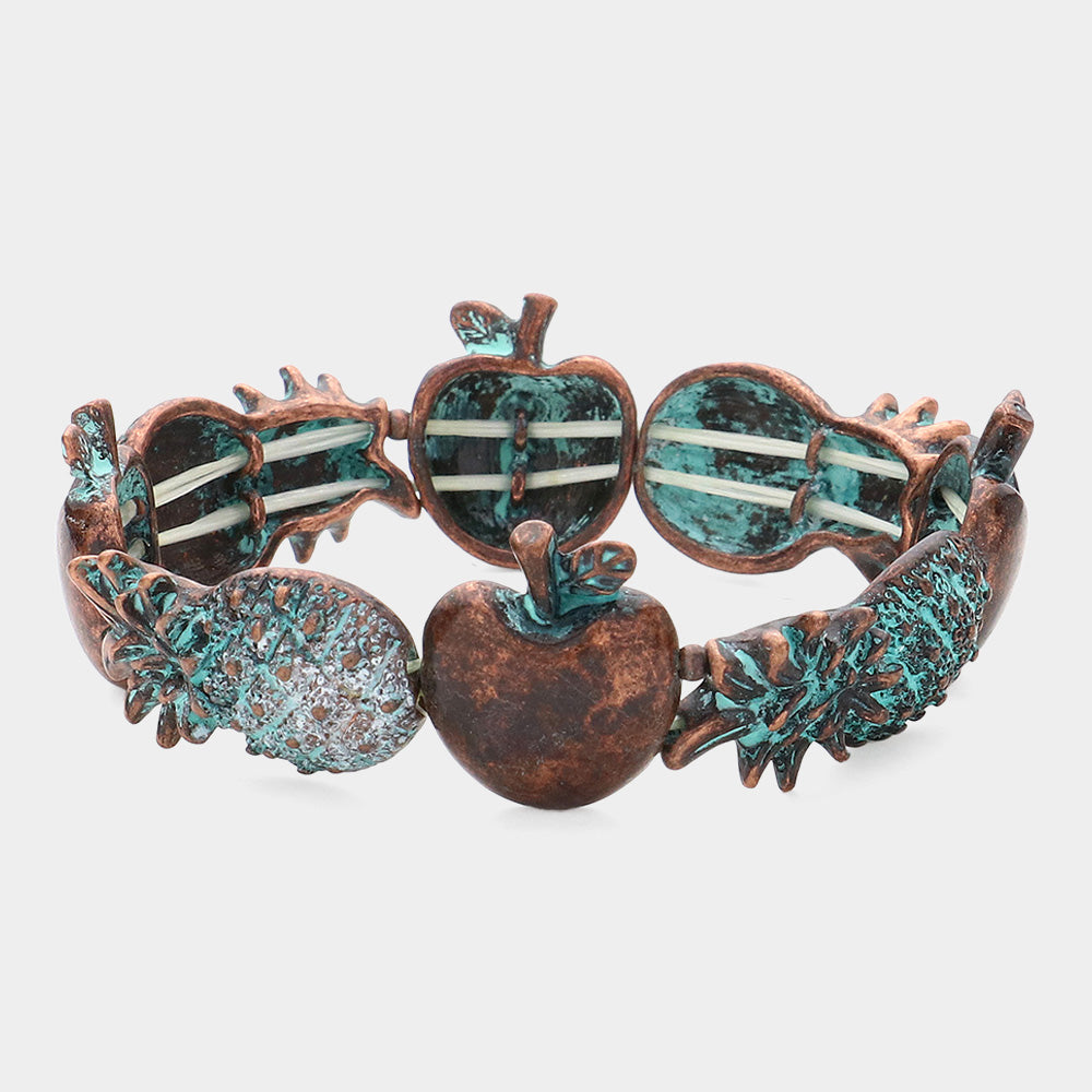 Madeline Love Patina Verdigris Metal Pineapple & Apple Stretch Bracelet - Bracelets