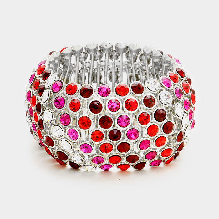 Madeline Love Clear, Fuchsia, Rhodium, Siam Crystal Bubble Stretch Bangle Bracelet - Bracelets