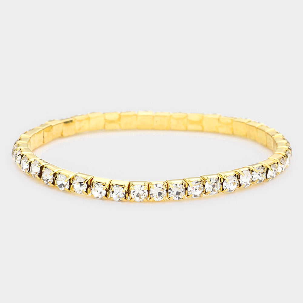 Madeline Love Clear, Gold 1-Row Crystal Rhinestone Stretchable Bracelet - Bracelets