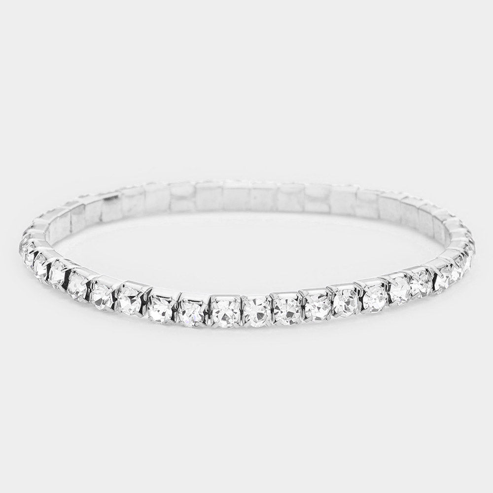 Madeline Love Clear, Silver 1-Row Crystal Rhinestone Stretchable Bracelet - Bracelets