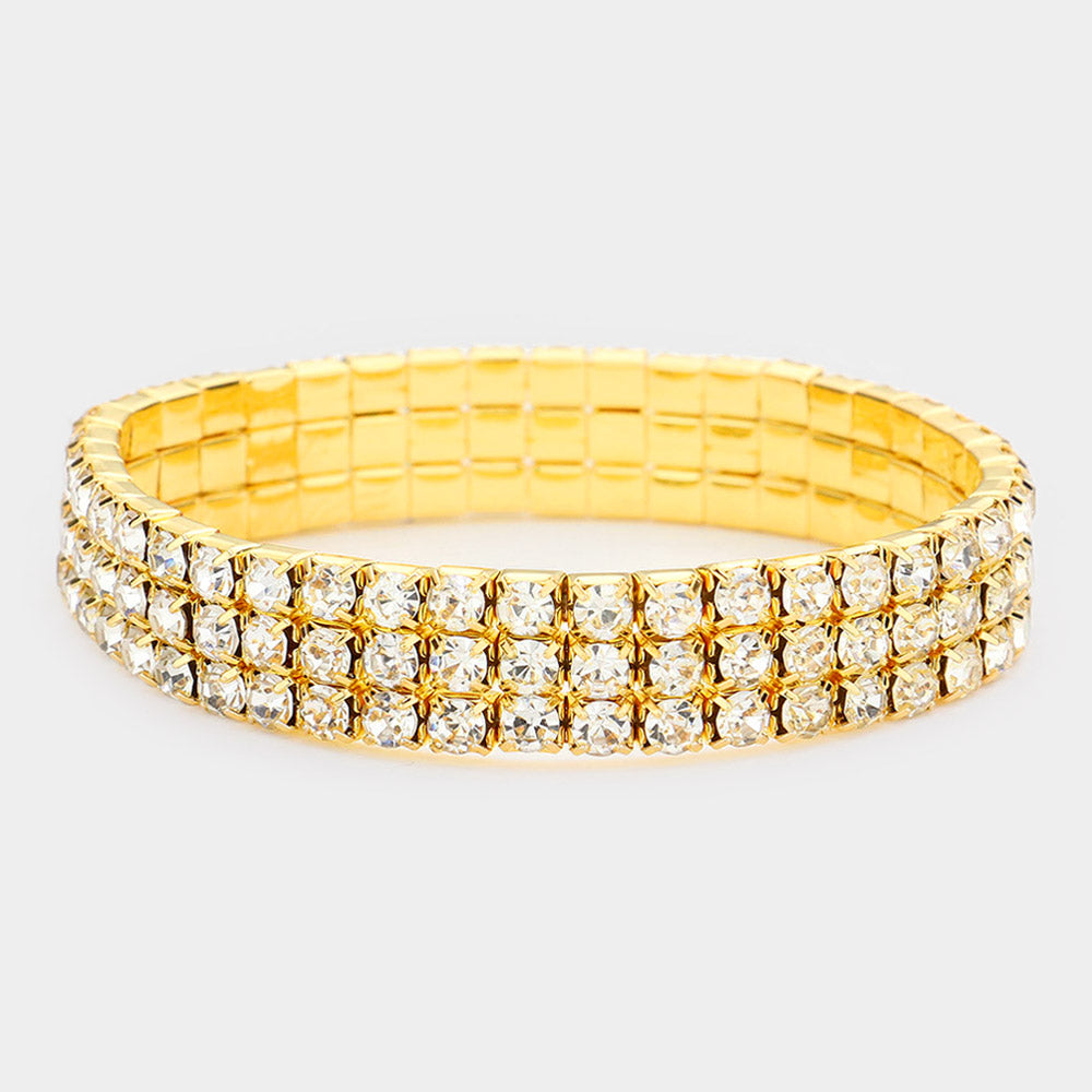 Madeline Love Clear, Gold 3-Row Rhinestone Stretch Bracelet - Bracelets