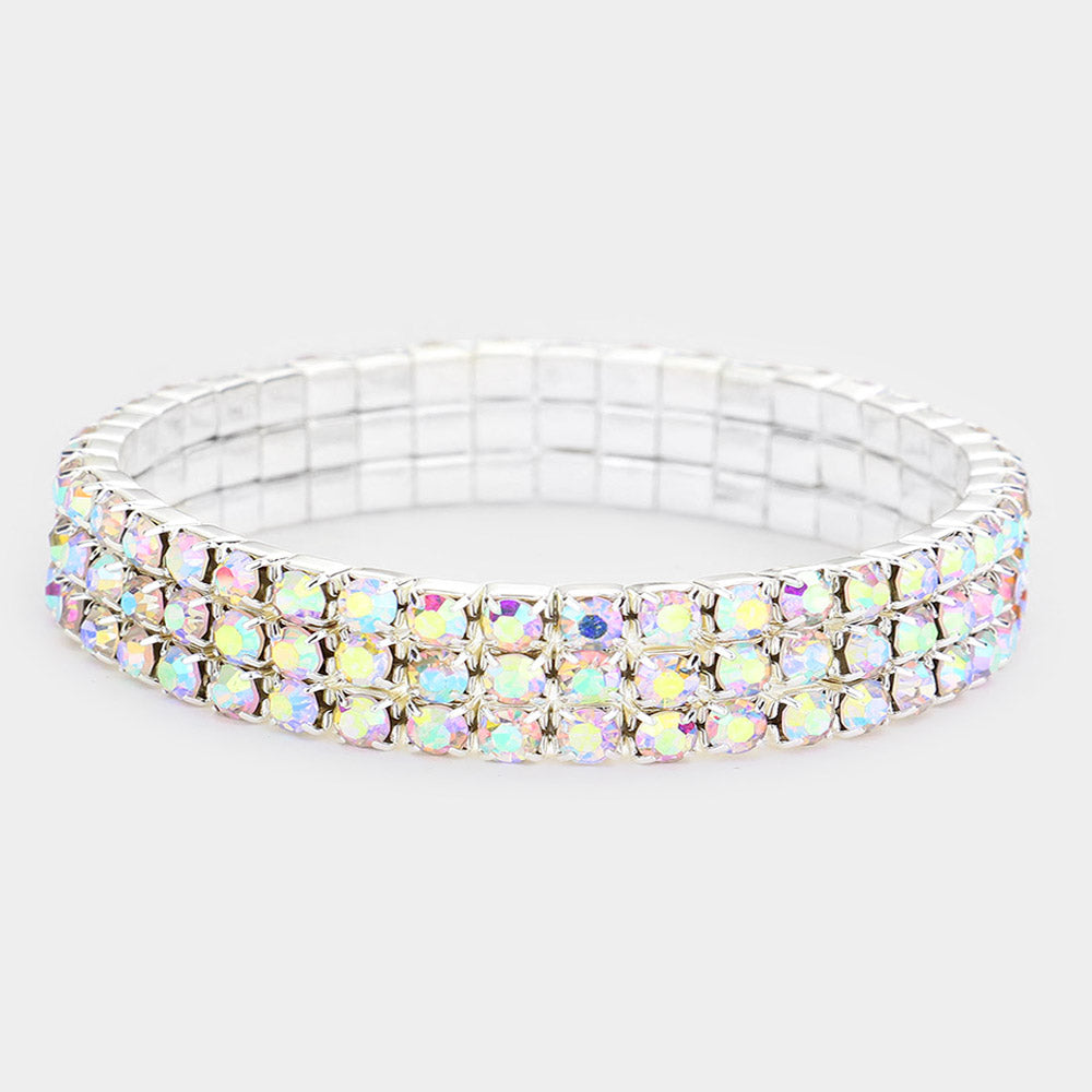 Madeline Love AB, Silver 3-Row Rhinestone Stretch Bracelet - Bracelets