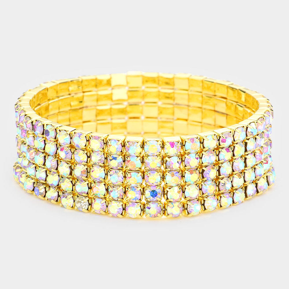Madeline Love AB, Gold 5-Row Crystal Rhinestone Stretchable Bracelet - Bracelets