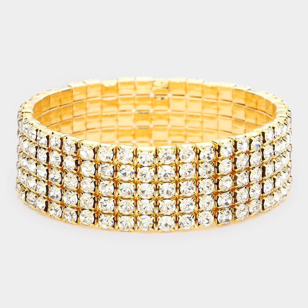 Madeline Love Clear, Gold 5-Row Crystal Rhinestone Stretchable Bracelet - Bracelets