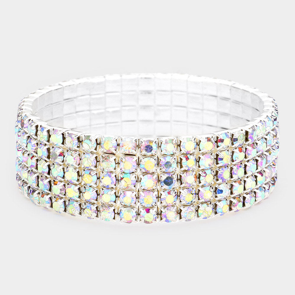 Madeline Love AB, Silver 5-Row Crystal Rhinestone Stretchable Bracelet - Bracelets