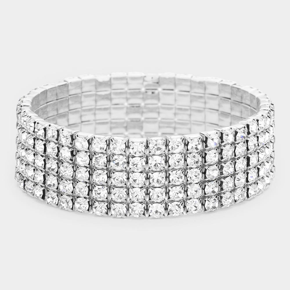 Madeline Love Clear, Silver 5-Row Crystal Rhinestone Stretchable Bracelet - Bracelets