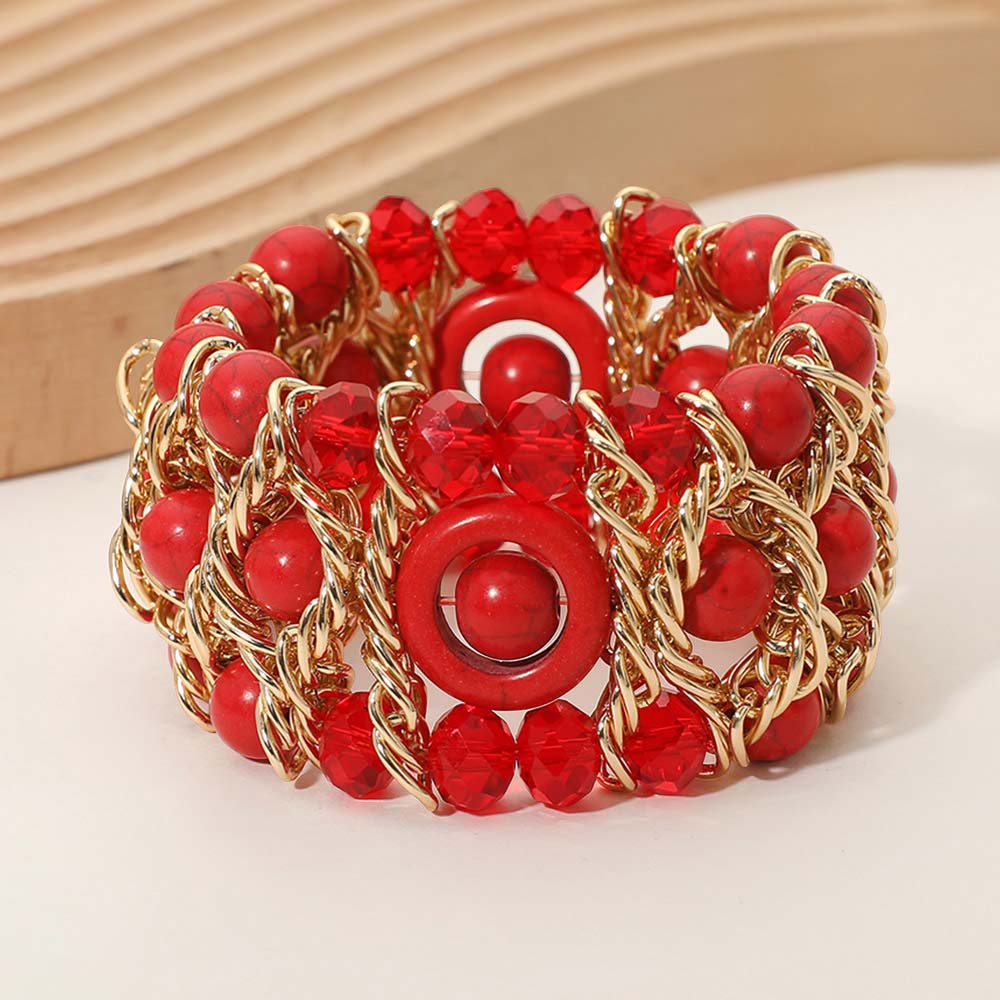 Madeline Love Gold, Red Bold Multi Strand Beaded Stretch Bracelet - Bracelets