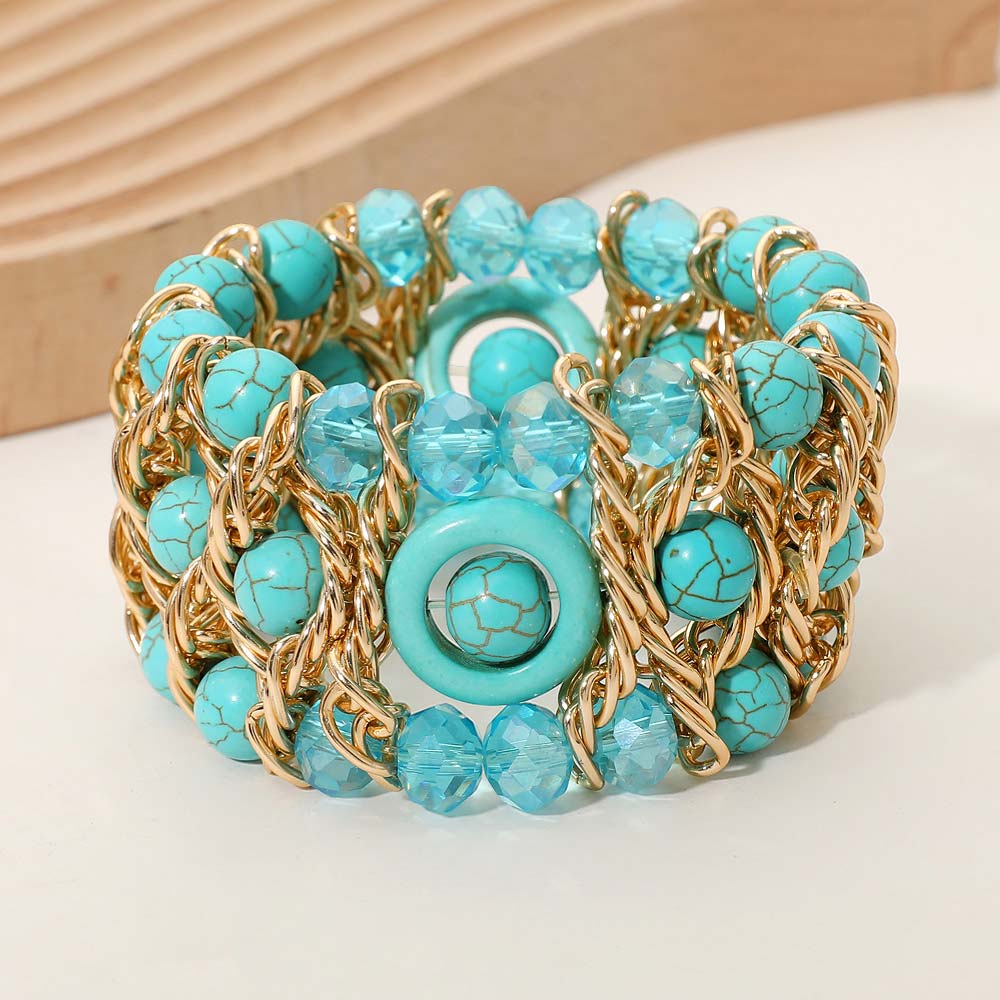 Madeline Love Gold, Turquoise Bold Multi Strand Beaded Stretch Bracelet - Bracelets