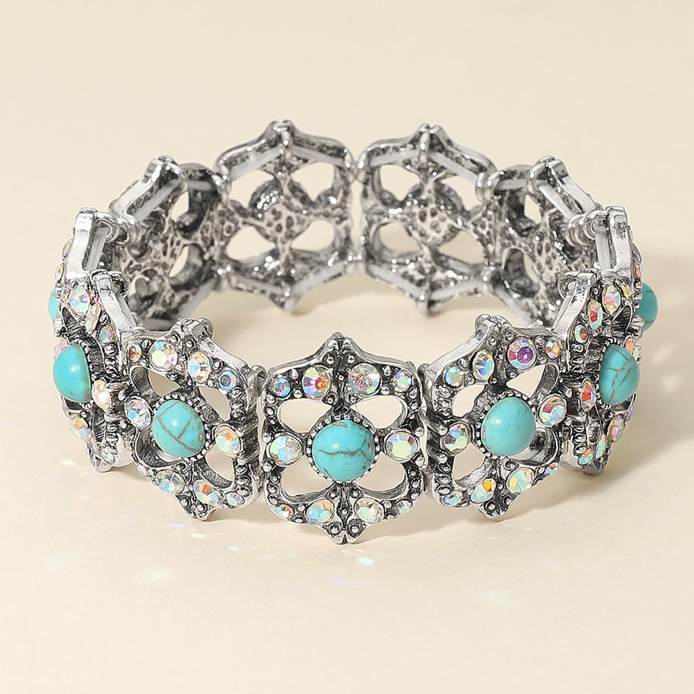 Madeline Love Silver Burnished, Turquoise Stone Accent Rhinestone Embellished Vintage Inspired Stretch Bracelet - Bracelets