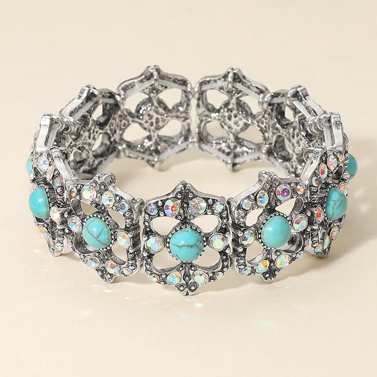 Madeline Love Silver Burnished, Turquoise Stone Accent Rhinestone Embellished Vintage Inspired Stretch Bracelet - Bracelets