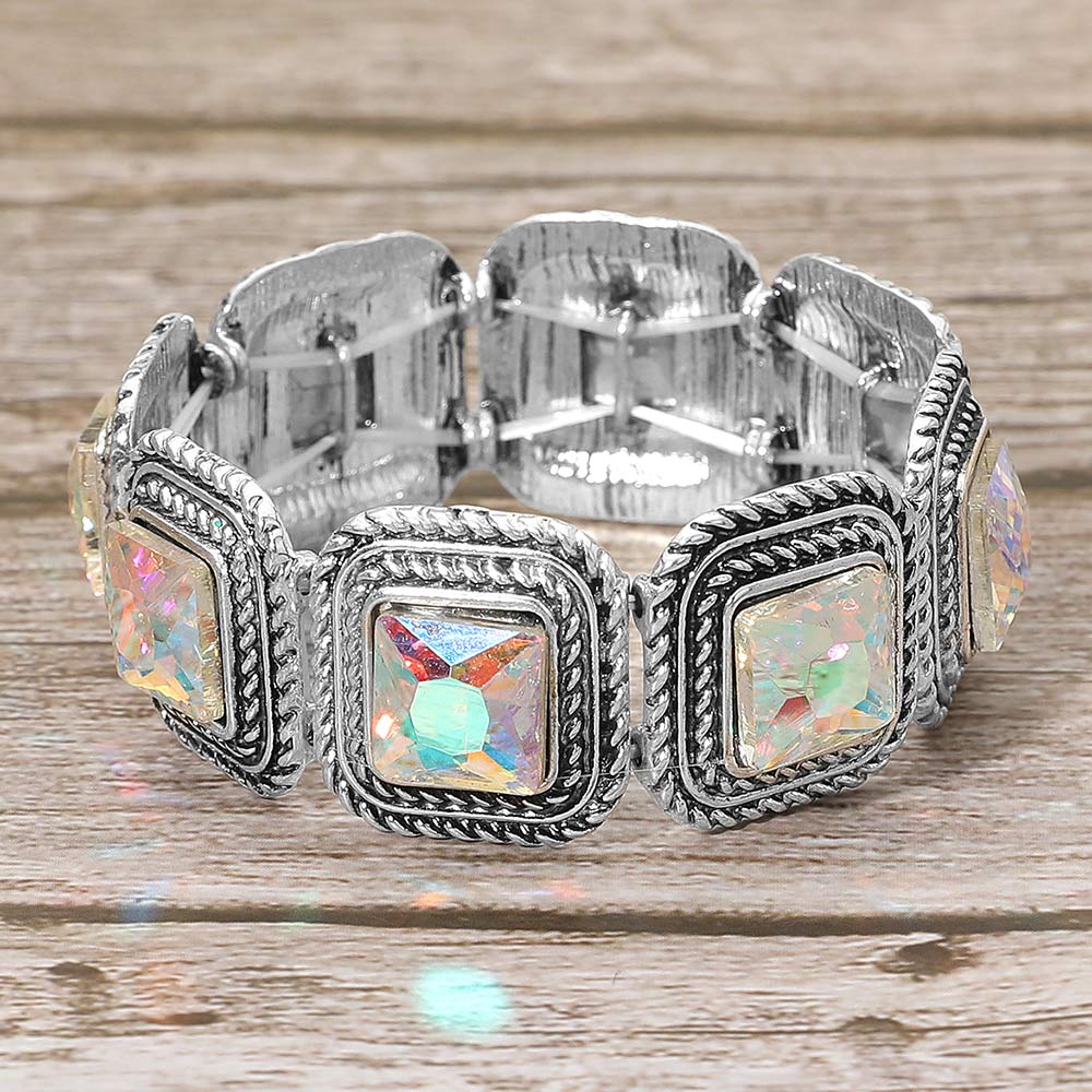 Madeline Love AB, Silver Burnished Vintage Square Stone Cluster Beaded Stretch Bracelet - Bracelets