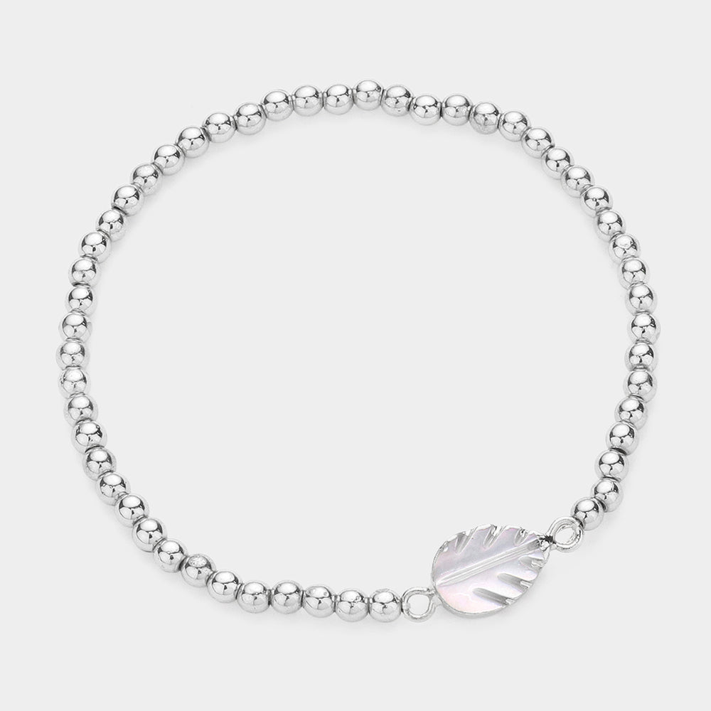 Madeline Love Rhodium Leaf Accented Metal Ball Stretch Bracelet - Bracelets