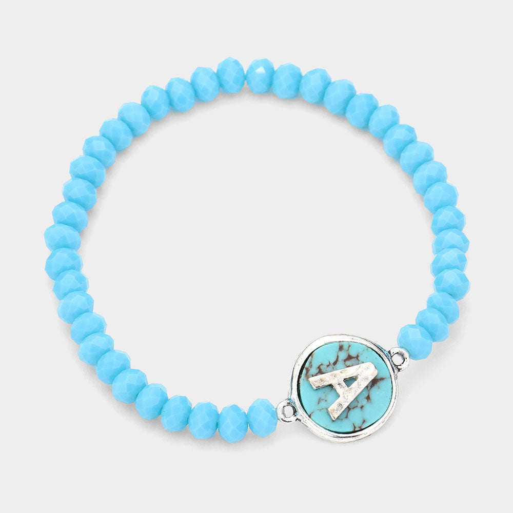 Madeline Love Turquoise -A- Initial Monogram Turquoise Charm Faceted Beaded Stretch Bracelet - Bracelets