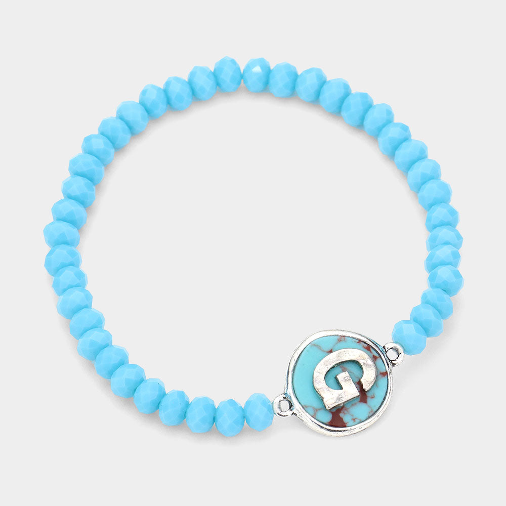 Madeline Love Turquoise -G- Initial Monogram Turquoise Charm Faceted Beaded Stretch Bracelet - Bracelets