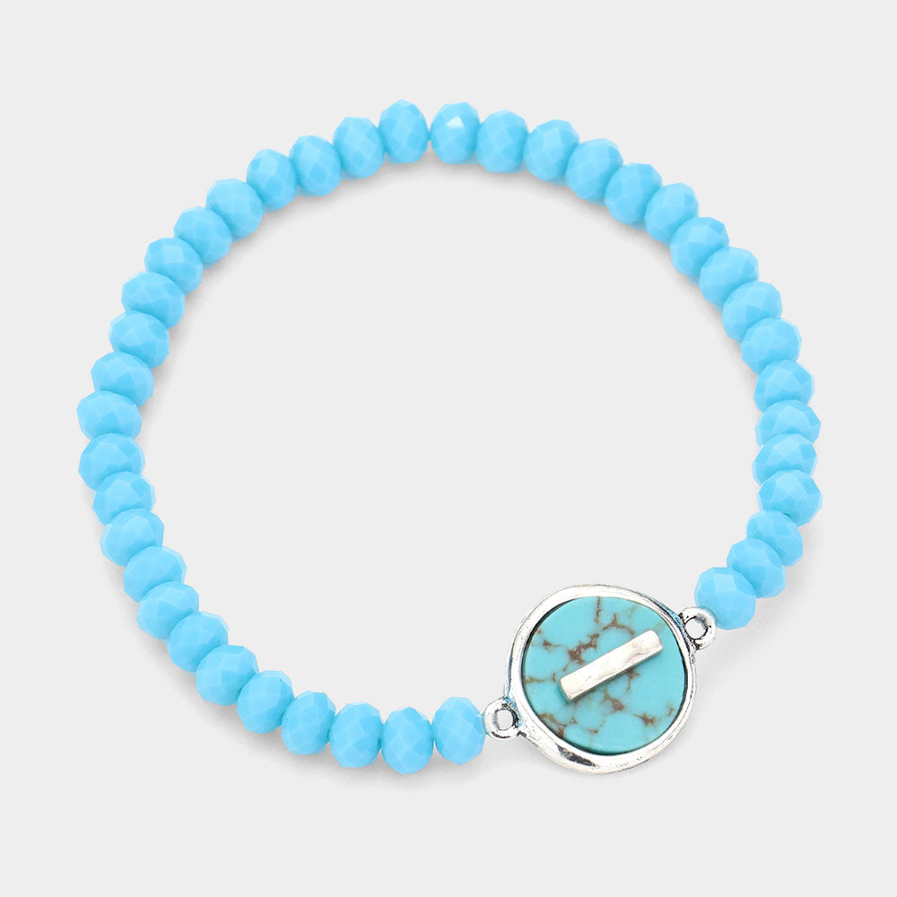 Madeline Love Turquoise -I- Initial Monogram Turquoise Charm Faceted Beaded Stretch Bracelet - Bracelets