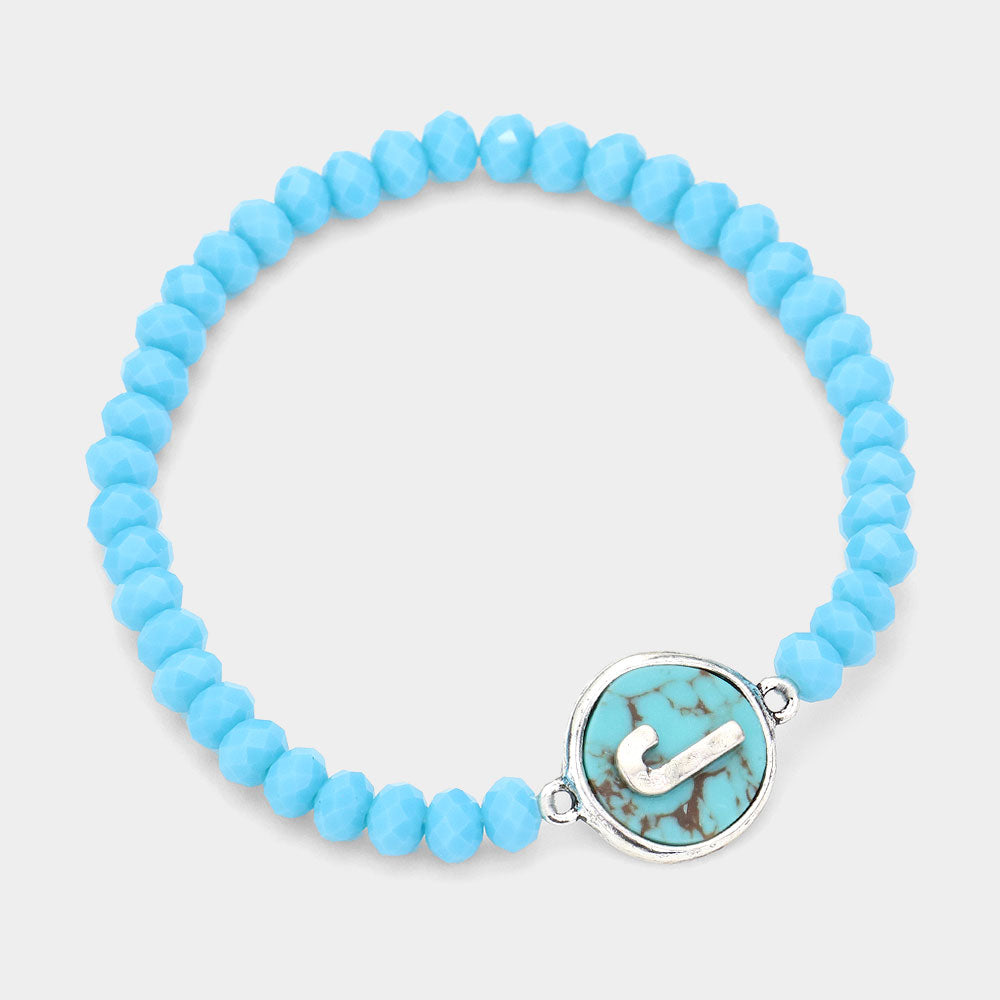 Madeline Love Turquoise -J- Initial Monogram Turquoise Charm Faceted Beaded Stretch Bracelet - Bracelets