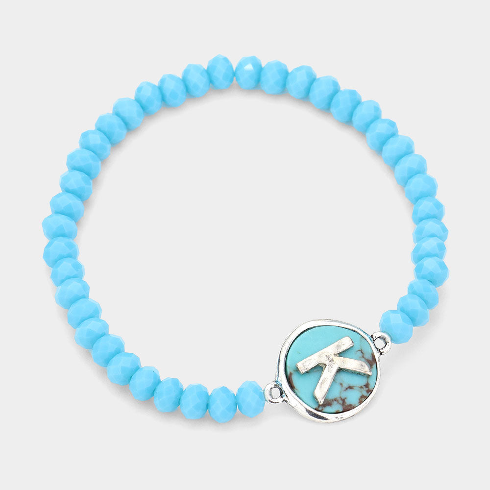 Madeline Love Turquoise -K- Initial Monogram Turquoise Charm Faceted Beaded Stretch Bracelet - Bracelets