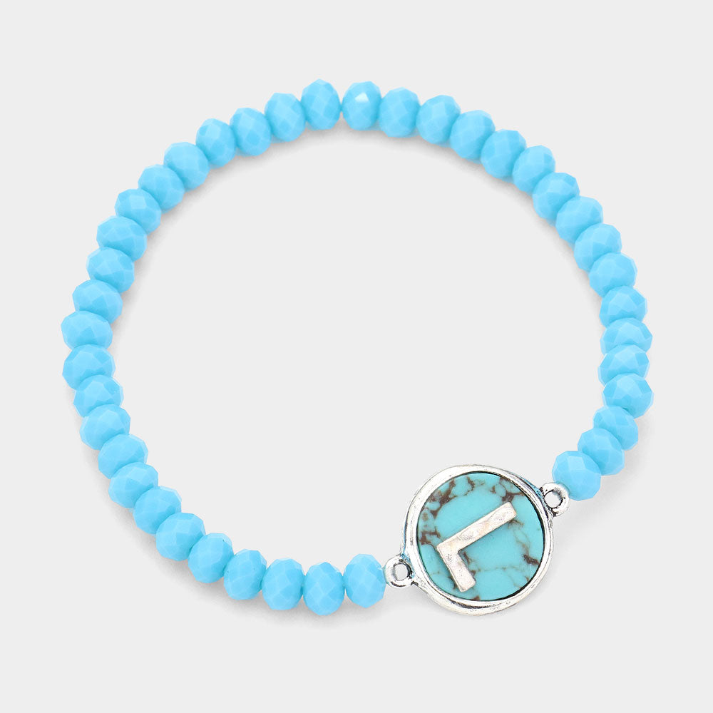 Madeline Love Turquoise -L- Initial Monogram Turquoise Charm Faceted Beaded Stretch Bracelet - Bracelets