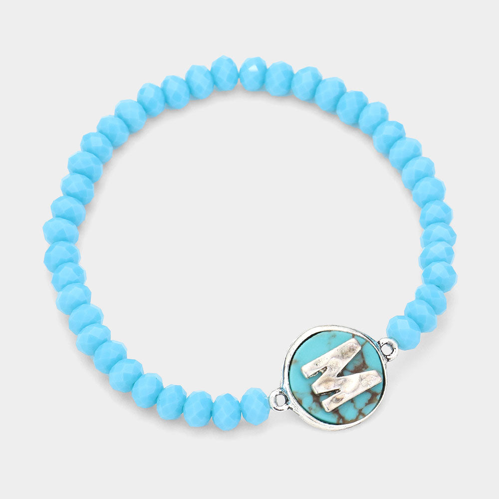 Madeline Love Turquoise -M- Initial Monogram Turquoise Charm Faceted Beaded Stretch Bracelet - Bracelets