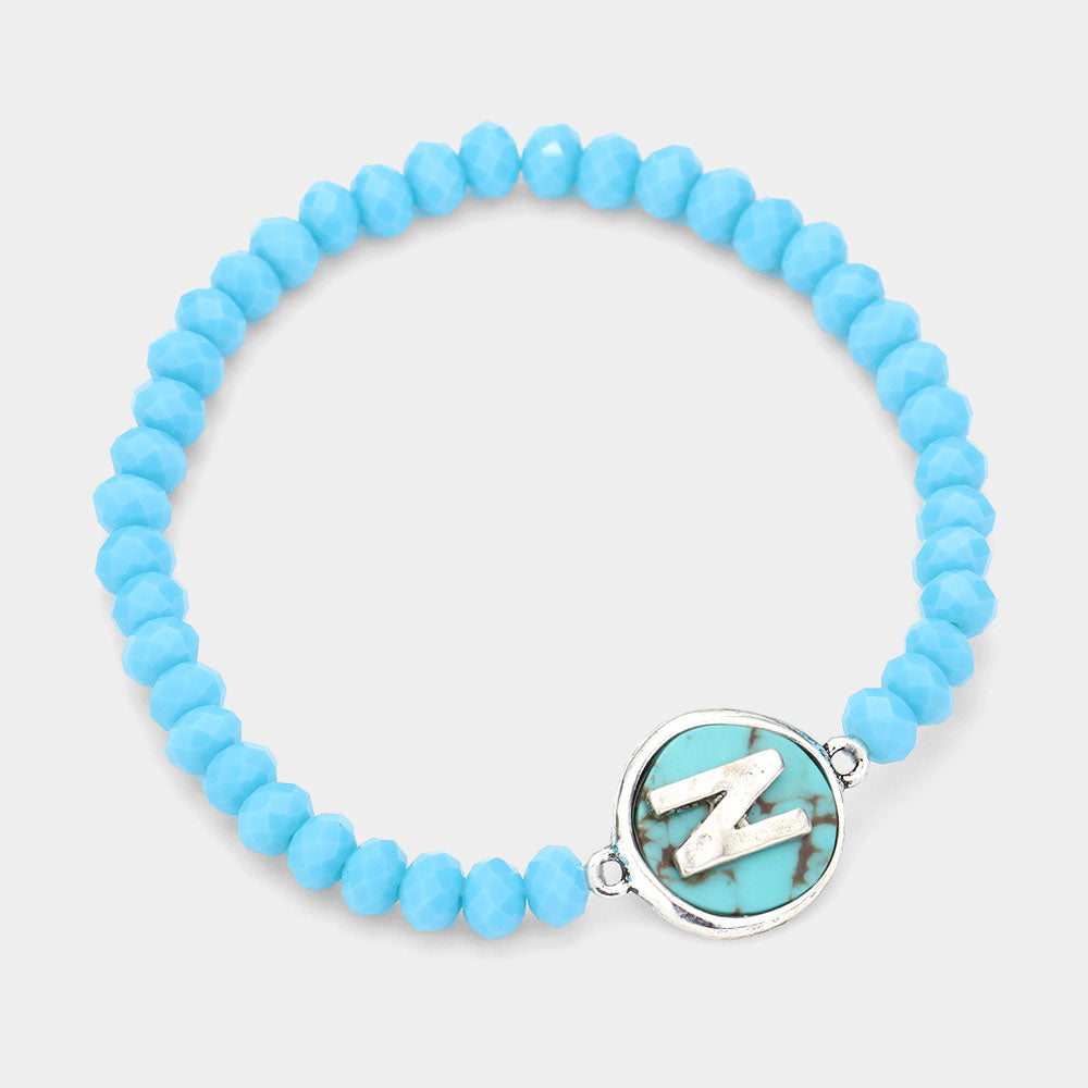 Madeline Love Turquoise -N- Initial Monogram Turquoise Charm Faceted Beaded Stretch Bracelet - Bracelets