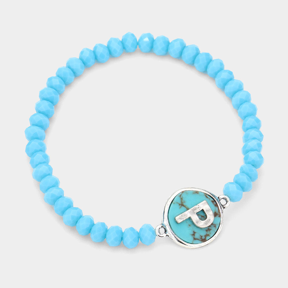 Madeline Love Turquoise -P- Initial Monogram Turquoise Charm Faceted Beaded Stretch Bracelet - Bracelets