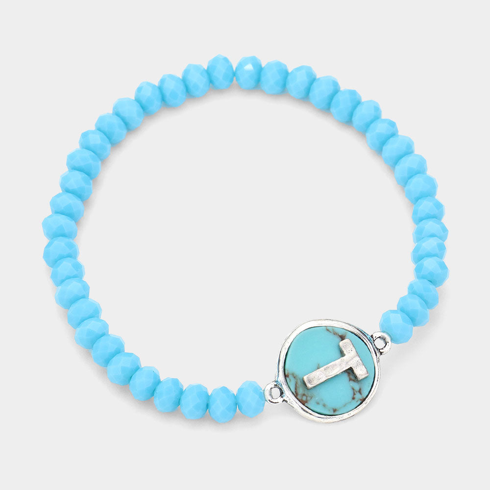 Madeline Love Turquoise -T- Initial Monogram Turquoise Charm Faceted Beaded Stretch Bracelet - Bracelets