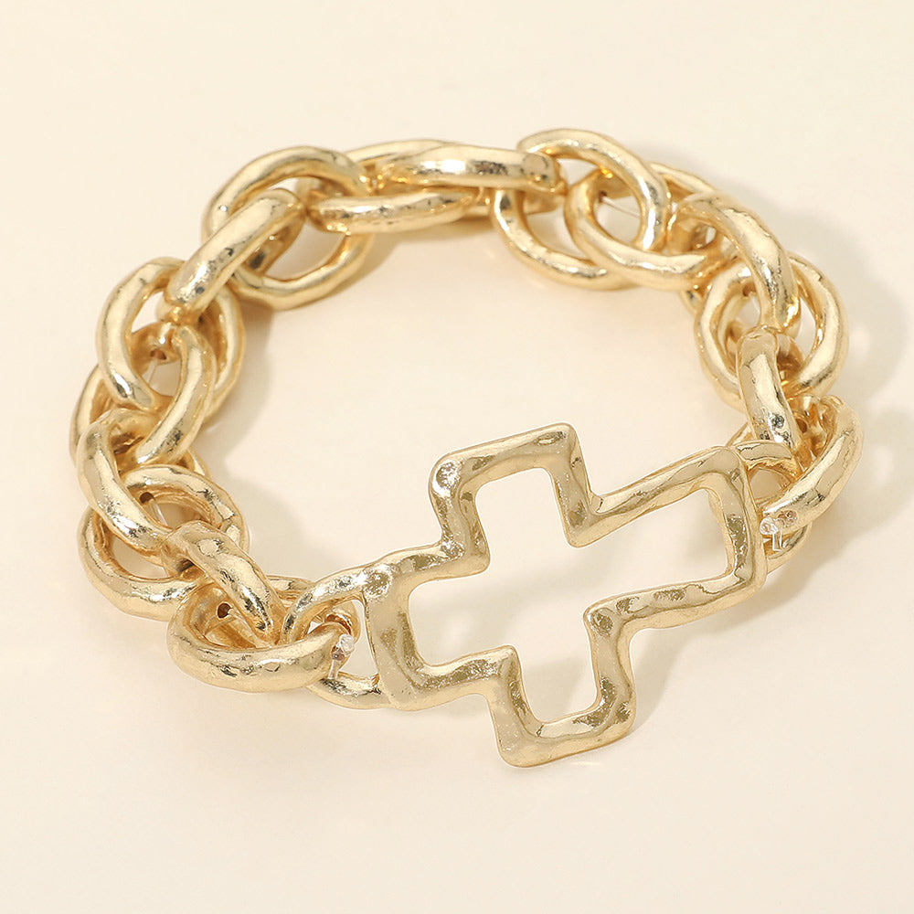 Madeline Love Worn Gold Bold Hammered Metal Open Cross Chunky Chain Stretch Bracelet - Bracelets