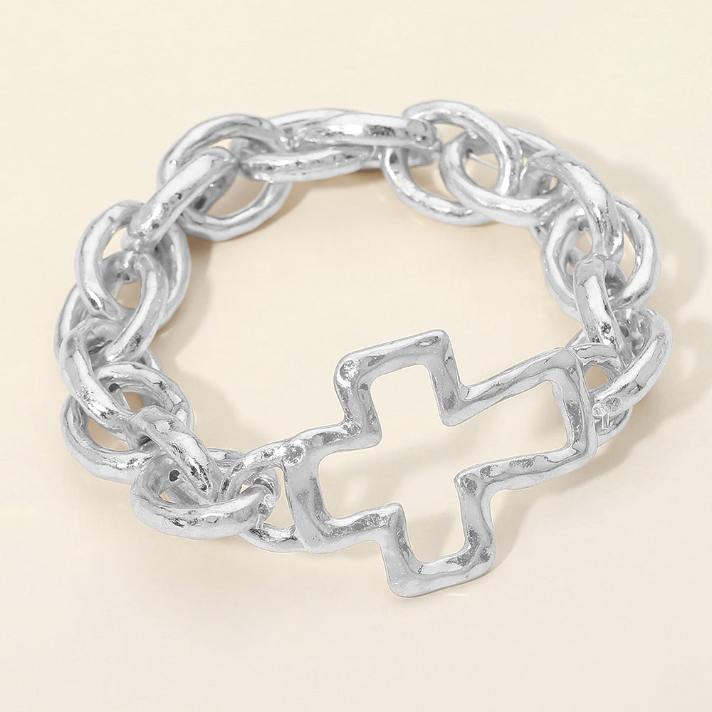 Madeline Love Worn Silver Bold Hammered Metal Open Cross Chunky Chain Stretch Bracelet - Bracelets