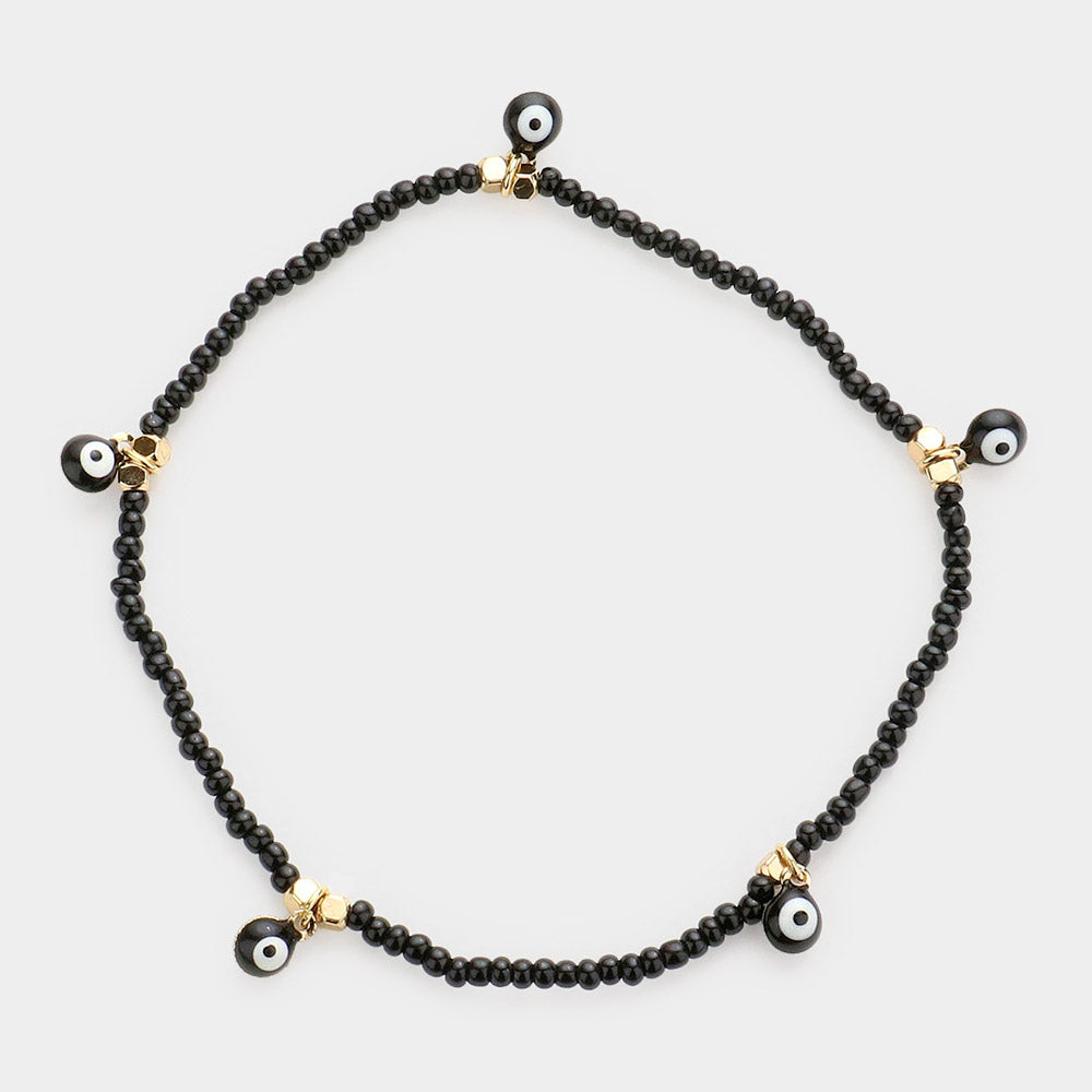 Madeline Love Black, Gold Evil Eye Charm Seed Beaded Stretch Bracelet - Bracelets
