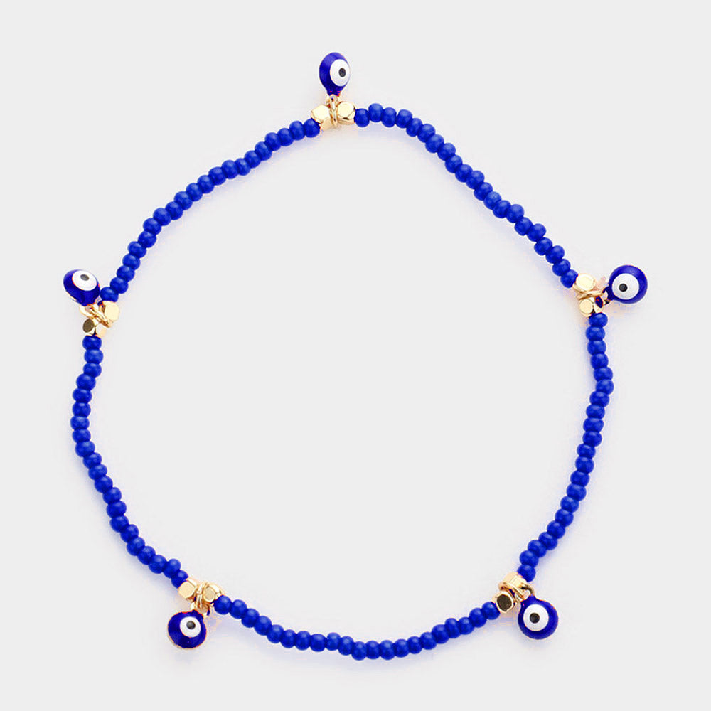 Madeline Love Blue, Gold Evil Eye Charm Seed Beaded Stretch Bracelet - Bracelets