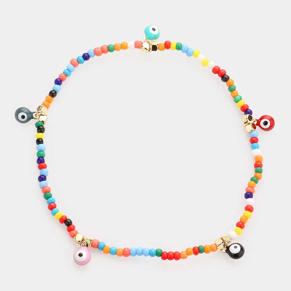 Madeline Love Multi Evil Eye Charm Seed Beaded Stretch Bracelet - Bracelets