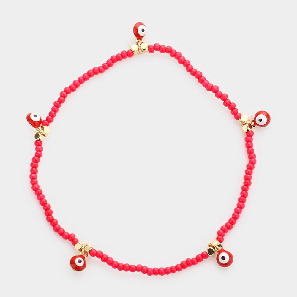 Madeline Love Gold, Red Evil Eye Charm Seed Beaded Stretch Bracelet - Bracelets