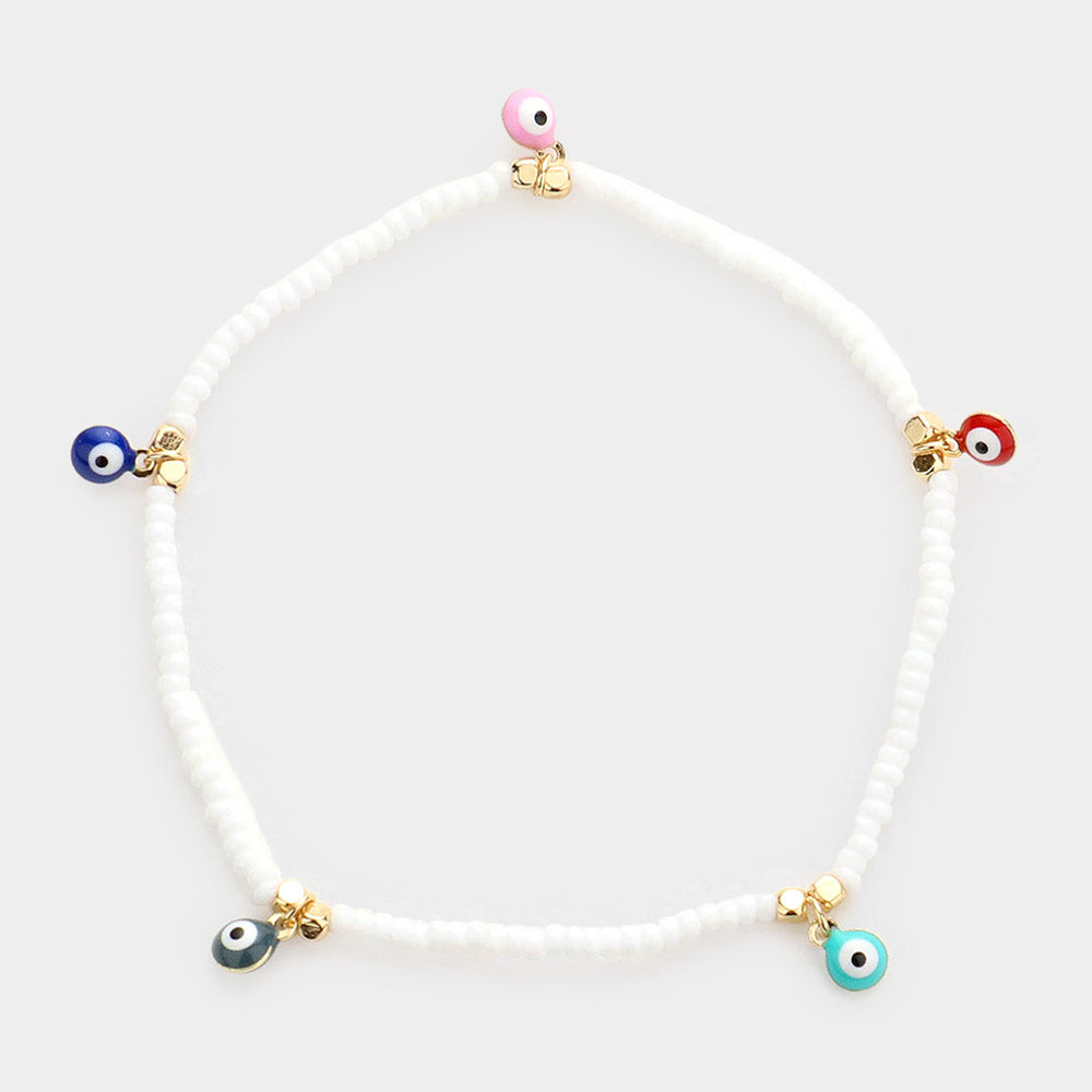 Madeline Love White Evil Eye Charm Seed Beaded Stretch Bracelet - Bracelets