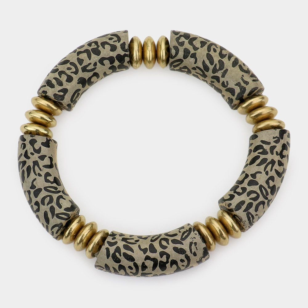 Madeline Love Gray Leopard Patterned Wood Stretch Bracelet - Bracelets