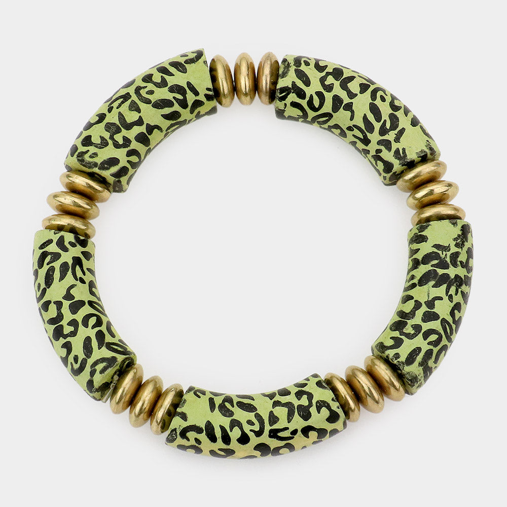 Madeline Love Mint Leopard Patterned Wood Stretch Bracelet - Bracelets